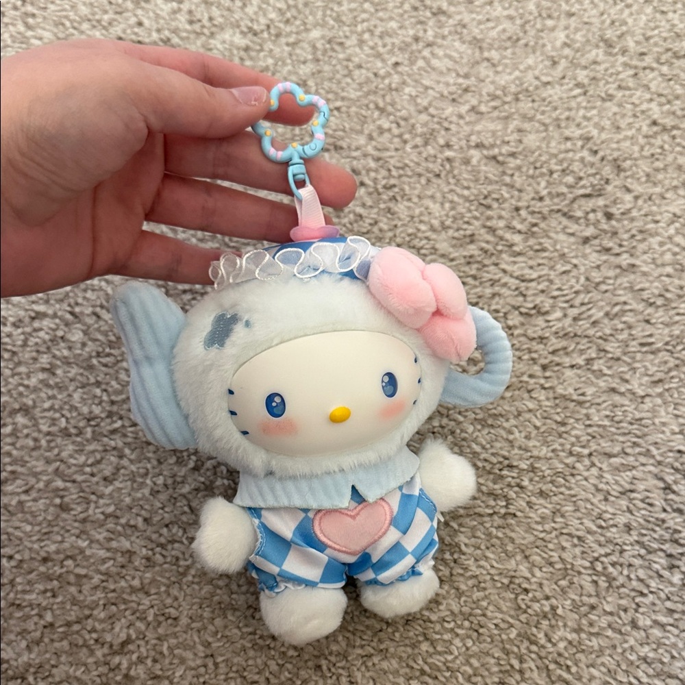 Sanrio-Style Plush Clip-On Toy — White, Light Blue & Pink